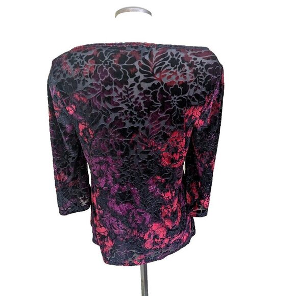 Roz Ali Velvet Burnout Top Size M Womens Semi Sheer Silky Mesh Dark Red Black - Picture 5 of 8